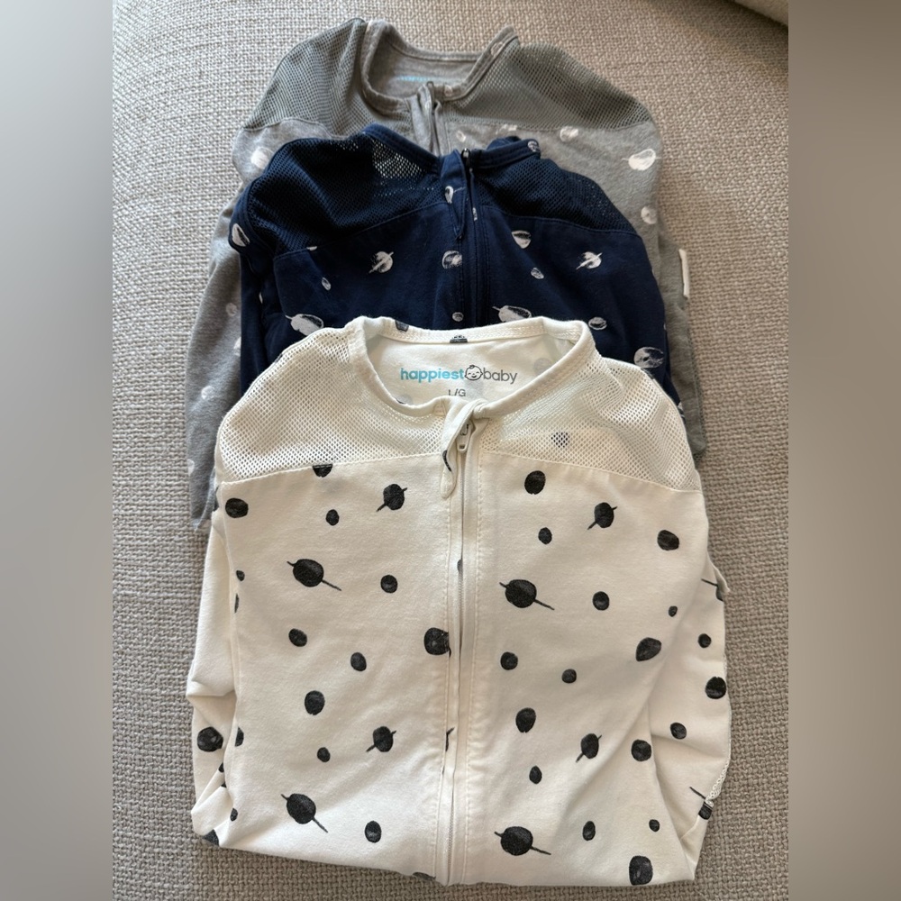 Happiest baby swaddle - three large (white, grey and blue)
